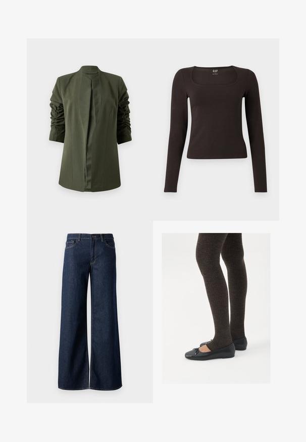 Olivovo zelený dlhý kabát so štruktúrovaným dizajnom, ktorý má šálový golier a zhrnuté rukávy pre zvýšenú textúru. Žiadne viditeľné zapínanie.; Čierny priliehavý top s dlhým rukávom a štvorcovým výstrihom, označený značkou GAP, zobrazený na bielom pozadí.; Džínsy s širokými nohavicami v tmavomodrom denime. Obsahujú kontrastné prešívanie, päť vreciek a gombíkový zips v oblasti pása. Hladká textúra.; Čierne ploché topánky s malou mašľou na špičke, v kombinácii s tmavohnedými rebrovanými pančuchami. Topánky majú hladký povrch a nízky profil.