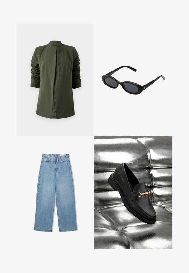 Olijfgroene lange jas met een gestructureerd ontwerp, voorzien van een sjaalkraag en geplooide mouwen voor extra textuur. Geen sluitingen zichtbaar.; Effen witte langslopende shirt met lange mouwen, ronde hals, van achteren weergegeven, plat gelegd op een witte achtergrond.; Lichtblauwe wijde jeans van denim, met een hoge taille, vijf zakken, knoopsluiting en subtiele vervaging voor textuur.; Zwarte leren instapper met een goudkleurig hardware-detail. De schoen heeft een strak ontwerp en een gladde, glanzende textuur.; Zwarte oversized zonnebril met ovale lenzen, een glad plastic montuur en gouden accenten op de pootjes. Donkere lenzen bieden bescherming tegen de zon.