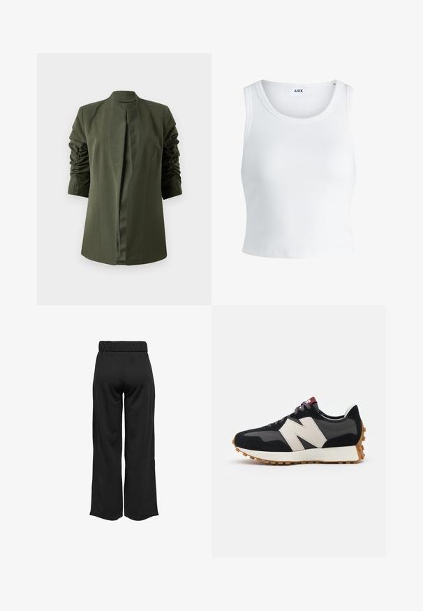 Olive green long jacket with a structured design, featuring a shawl collar and gathered sleeves for added texture. No fastenings visible.; White ribbed tank top featuring a round neckline, sleeveless design, and a cropped length. Label reads "JJXX." Smooth fabric texture.; Black, wide-leg pants with an elastic waistband, made from smooth fabric. Features a clean design with no pockets or visible stitching details.; Black and gray suede sneaker with a large cream-colored "N" logo, purple laces, and a textured gum rubber outsole.