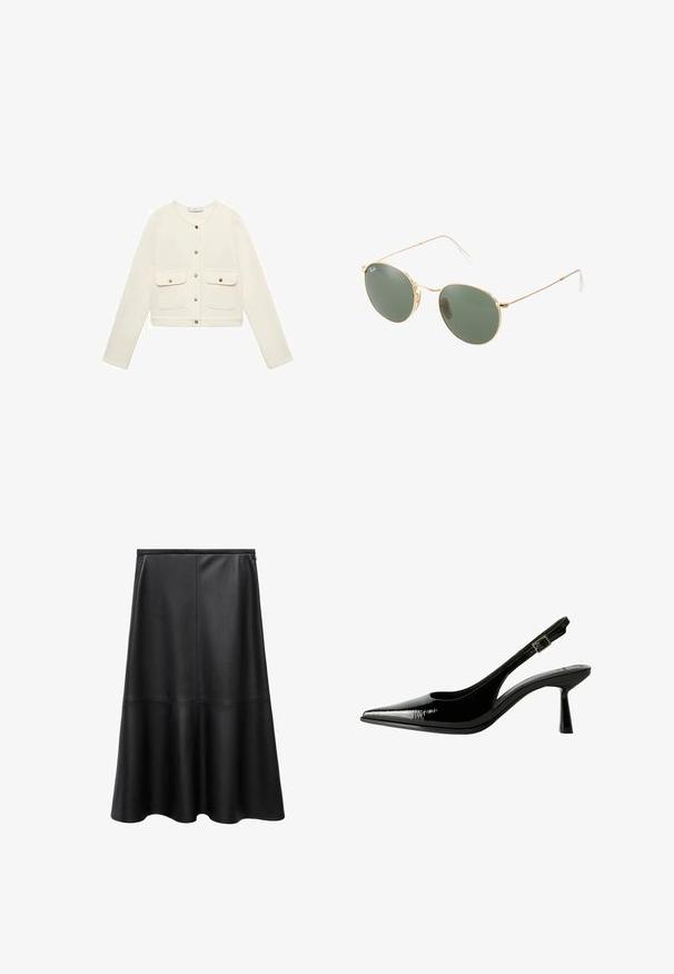 Cremfarbener, verkürzter Blazer mit langen Ärmeln, Frontknopfverschluss und zwei Brusttaschen mit goldenen Verschlüssen. Glatte Stofftextur.; Braunes Langarmoberteil mit tiefem Rundhalsausschnitt, das große weiße Punkte aufweist und eine Raffung an der Taille für eine figurbetonte Passform hat.; Schwarzer Lederrock, A-Linien-Form, knielang, glatte Textur, Nahtdetails, ausgestellt gesäumt und unsichtbarer Reißverschluss hinten.; Schwarze Lackleder Slingback-Pumps mit spitzem Zeh, ausgeschnittenen Seiten, verstellbarem Knöchelriemen und einem dünnen, eleganten Absatz.; Sonnenbrille mit goldfarbenem Metallrahmen und grünen Gläsern, runder Form, dünnen Bügeln und weißen Kunststoffakzenten an den Enden der Bügel.; Weiche, dunkelbraune Fellimitat-Tasche mit gerafftem Oberteil und schwarzen Kordeln an jeder Seite.; Goldene Creolen mit strukturiertem Finish, die entlang der Kante mit einer Reihe kleiner klarer Kristalle verziert sind und einen Steckverschluss haben.