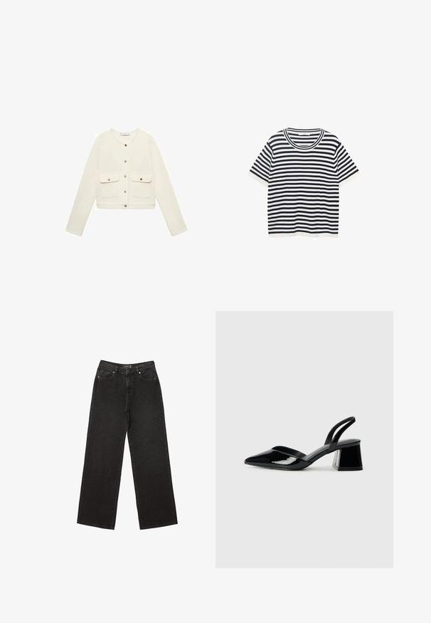 Kremasto bež skraćena jakna s dugim rukavima, zatvaranje sprijeda na dugmad i dva džepa na prsima s zlatnim kopčama. Glatka tekstura tkanine.; Prugasta majica od pamuka s mornarskoplavim i bijelim horizontalnim prugama, ima okrugli izrez i kratke rukave. Glatka tekstura.; Crne široke traperice izrađene od denima, s malim točkastim uzorcima, klasičnim dizajnom s pet džepova i zatvaranjem na gumbe i zatvarač.; Crne lakirane kožne sandale s otvorenom petom i špicastim vrhom, s geometrijskom blok petom. Imaju elegantan, minimalistički dizajn i glatku teksturu.