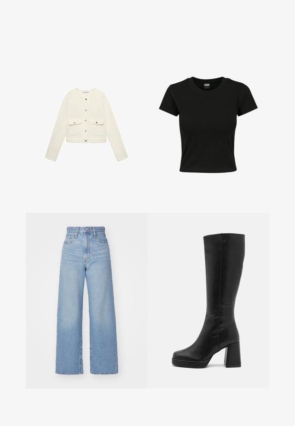 Kratka jakna v kremni barvi z dolgimi rokavi, sprednjim gumbom za zapiranje in dvema žepoma na prsih z zlatim zapiranjem. Gladka tekstura tkanine.; Črna kratka majica s kratkimi rokavi, izdelana iz gladkega bombažnega materiala, z okroglim izrezom in oprijetim krojem. Brez vidnih vzorcev ali dodatkov.; Svetlo modri visokorasli široki traper hlače z sprednjim gumbom in zadrgo, sprednjimi in zadnjimi žepi, na belem ozadju.; Anna Field Škornji z visoko peto - black