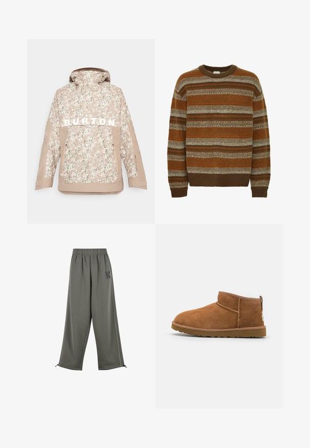 Giacca mimetica beige con cappuccio, caratterizzata dalla scritta "BURTON" in grassetto bianco, tasca con zip frontale e tessuto testurizzato per l'uso all'aperto.; Solid SDMAXWELL - Maglione - slate black; Karl Kani KK OS SIDESTRIPE - Pantaloni - grey; Stivaletto in camoscio color tan con punta rotonda, dettagli di cucitura discreti e suola in gomma texture. Altezza ridotta senza lacci.