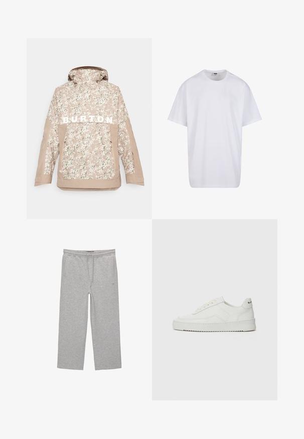Beige camouflagejakke med hætte, der har "BURTON" i fede hvide bogstaver, lynlåslomme foran og struktureret stof til udendørs brug.; Hvid bomulds t-shirt med korte ærmer, rund halsudskæring, afslappet pasform, og ingen synlige logoer eller mønstre. Glat tekstur og minimalistisk design.; Grå bomulds-loungebukser med elastisk talje, snor og to sidelommer; lige ben-design, blød tekstur, uden mønstre.; Hvide lædersneakers med en glat overflade, rund tå, flade snørebånd og en tekstureret sål. Har et diskret logo på hælen.
