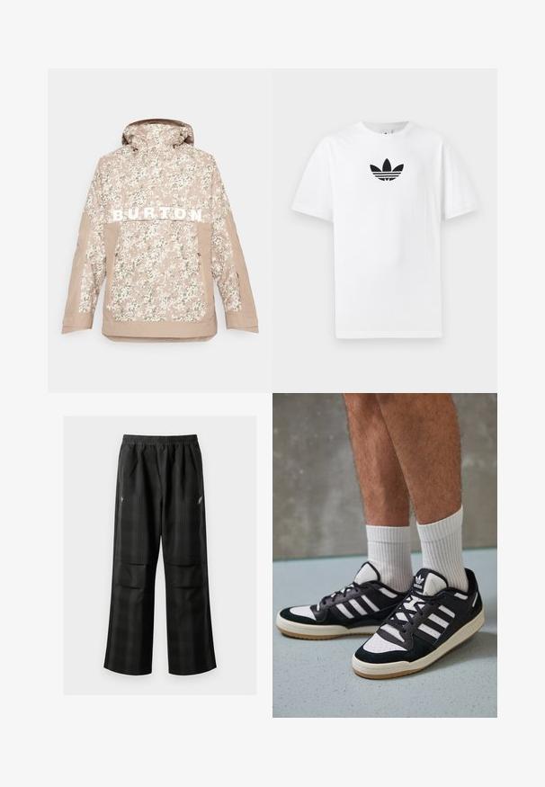 Beige Camouflage-Jacke mit Kapuze, mit "BURTON" in fetten weißen Buchstaben, mit Reißverschlusstasche vorne und strukturiertem Stoff für den Outdoor-Einsatz.; Weißes Baumwoll-T-Shirt mit einem schwarzen Adidas-Logo in der Mitte. Kurze Ärmel und Rundhalsausschnitt. Glatte Textur.; Schwarze karierte Hosen mit elastischem Bund, zwei Fronttaschen und lockerer Passform im geraden Beinschnitt. Hergestellt aus leichtem Material.; Schwarz-weiße Sneaker mit einem Obermaterial aus Wildleder und Leder, ausgestattet mit drei weißen Streifen, einer perforierten Zehenpartie und einer Sohle aus Gummi.