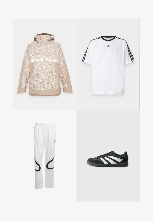 Bežinė kamufliažinė striukė su kapišonu, ant kurios užrašas "BURTON" didelėmis baltomis raidėmis, priekinė užtrauktuko kišenė ir tekstūruota medžiaga lauko naudojimui.; Balta medvilninė marškinėlių su juodu apvali kaklu, ant kiekvieno peties iš trijų juodų juostelių. Mažas juodas logotipas ant krūtinės.; Balti sportiniai kelnes su lygiu paviršiumi, turinčios juodas kreivas detales šonuose ir juodą logotipą prie liemens.; adidas Performance PREDATOR FREESTYLE JUDE INDOOR FOOTBALL SHOES - Salės futbolo bateliai - core black/silver-coloured/glory blue