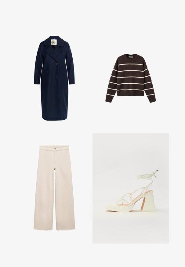 Námornícky vlnený kabát z zmesi vlny s výstrihom do "v", dvojradovým zapínaním, dvomi bočnými vreckami a dlhými rukávmi, s hladkou textúrou.; Hnedý sveter s bielymi horizontálnymi pruhmi, okrúhlym výstrihom, dlhými rukávmi a rebrovanými manžetami a lemom, vyrobený z pleteného textilu.; Beige široké džínsy s vysokým pásom, s gombíkovým zapínaním, prednými vreckami a rozstrapkaným lemom. Vyrobené z denimu.; Biele sandále na vysokom opätku s hrubým podpätkom, s pruhovaným dizajnom a viazaním na členku. Hladký povrch s platformou vpredu pre zvýšenú výšku.