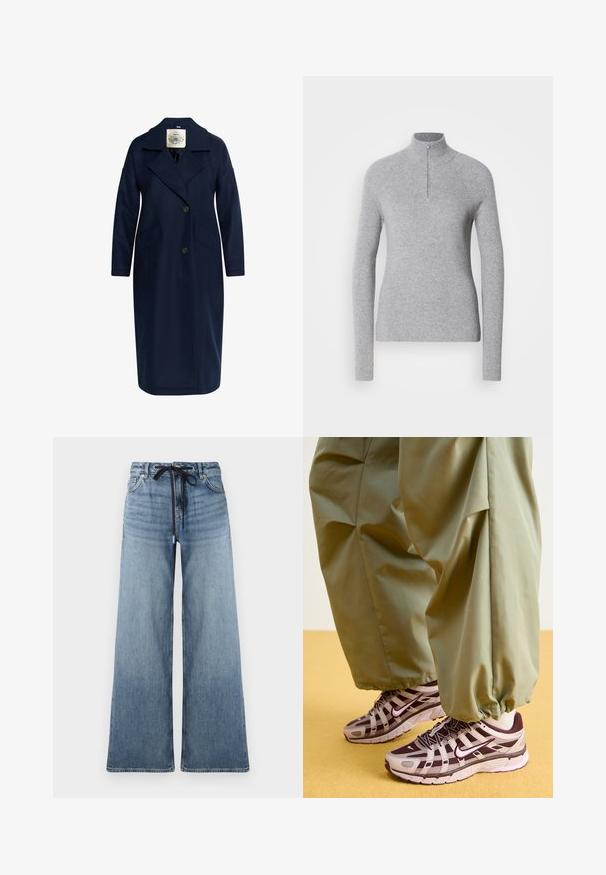 Marineblauer Wollmischmantel mit Schalkragen, doppelt geknöpftem Vorderteil, zwei Seitentaschen und langen Ärmeln, der eine glatte Textur aufweist.; Helles graues, geripptes Pullover-Sweatshirt mit hohem Kragen und halbem Reißverschluss am Hals. Es hat lange Ärmel und ein figurbetontes Design.; Weite Jeans aus Denim in Hellblau mit einer ausgewaschenen Textur. Verfügt über einen verstellbaren Taillenbund mit schwarzem Kordelzug und klassischen Taschen.; Sportliche Sneakers mit einem grauen und dunkelvioletten Design, ausgestattet mit einem Obermaterial aus Mesh, stützenden Riemen und einer Gummisohle, kombiniert mit lockeren grünen Hosen.