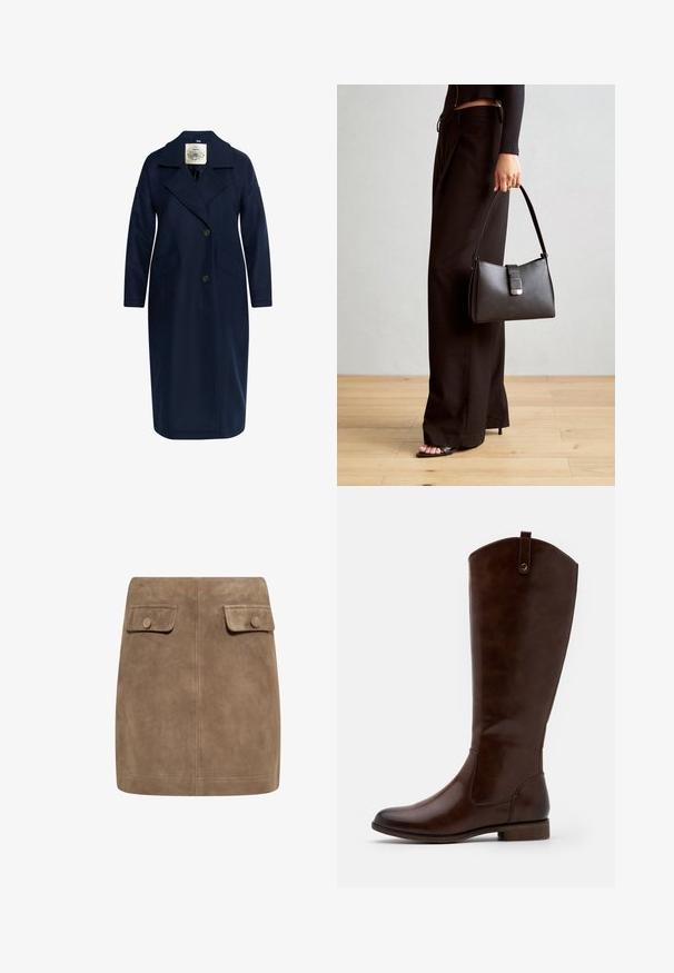 Marineblauer Wollmischmantel mit Schalkragen, doppelt geknöpftem Vorderteil, zwei Seitentaschen und langen Ärmeln, der eine glatte Textur aufweist.; Brauner Langarm-Top mit weitem Ausschnitt und Knoten-Detail auf einer Seite, aus weichem, strukturiertem Stoff.; Brauner Wildleder-Minirock mit glatter Textur, ausgestattet mit zwei vorderen Klappentaschen und Druckknopfverschlüssen an beiden Seiten. Schlichtes, gerades Design.; Braune kniehohe Stiefel aus glattem Leder, mit runder Zehenform, niedrigem Blockabsatz und einem dezente Stichmuster an den Seiten.; Schwarze Handtasche mit strukturierter Form, glatter Textur und einem metallischen Verschluss. Kombiniert mit weiten schwarzen Hosen und offenen Sandalen auf einem Holzboden.