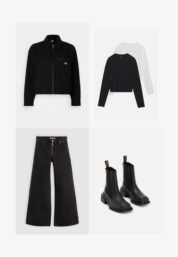Zwarte jas van duurzaam materiaal, met een kraag, een voorkant met rits, twee zijzakken en een borstzak met logo-details.; Twee langemouwen shirts: een zwarte en een witte. Beide hebben een ronde hals, raglanmouwen en zijn gemaakt van een zachte katoenmix.; Wijdvallende jeans van zwarte denim met een ritssluiting aan de voorkant, vijf zakken en subtiele stikdetails. Soepele textuur en casual stijl.; Zwarte enkelboots van soepel leer met elastische zijkanten, een vierkante neus en een dikke hak. Voorzien van gele merklussen.