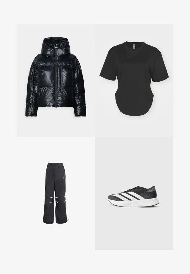 adidas by Stella McCartney TRUENATURE SHORT PADDED WINTER - Chaqueta de invierno - black; Camiseta negra de manga corta hecha de algodón. Cuello redondo con dobladillo curvado y aberturas laterales. Textura suave, ajuste casual.; Pantalones de pierna ancha negros con detalles reflectantes en las rodillas, cintura alta con trabillas y un logo circular en la parte superior del muslo derecho.; Zapatilla deportiva negra con franjas blancas, parte superior de malla, suela acolchada y un diseño elegante. Acentos en gris en el talón y la lengüeta.