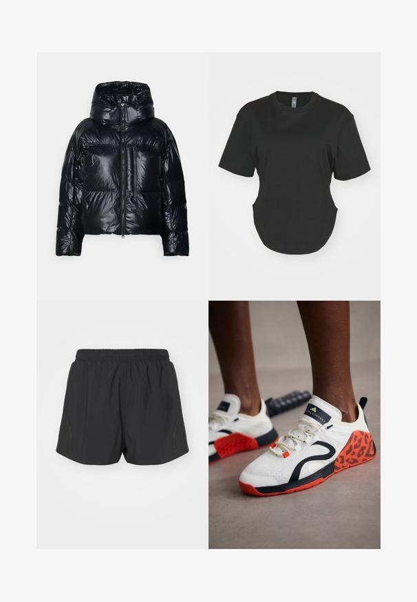 adidas by Stella McCartney TRUENATURE SHORT PADDED WINTER - Winter jacket - black; Black short-sleeve T-shirt made of cotton. Round neckline with a curved hem and side slits. Smooth texture, casual fit.; Black running shorts with an elastic waistband, lightweight fabric, and textured design featuring subtle side accents.; White athletic shoes with a black and orange leopard print accent. Features a textured fabric upper, rubber sole, and lacing system.