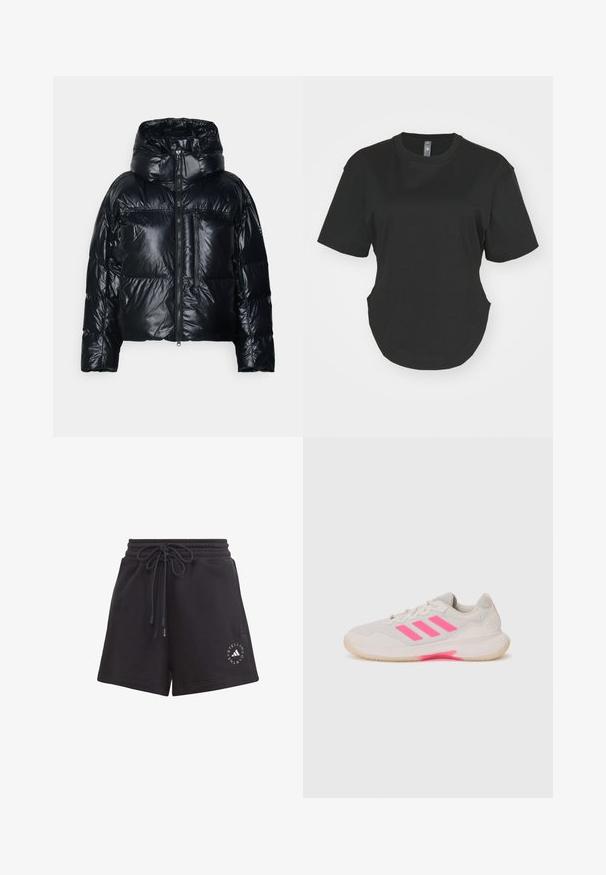 adidas by Stella McCartney TRUENATURE SHORT PADDED WINTER - Winter jacket - black; Black short-sleeve T-shirt made of cotton. Round neckline with a curved hem and side slits. Smooth texture, casual fit.; Black cotton blend shorts with a drawstring waist, featuring a logo print on the side and a soft, smooth texture.; Light grey athletic shoe with pink accents and three stripes. Features a mesh upper, padded tongue, and rubber sole with traction.