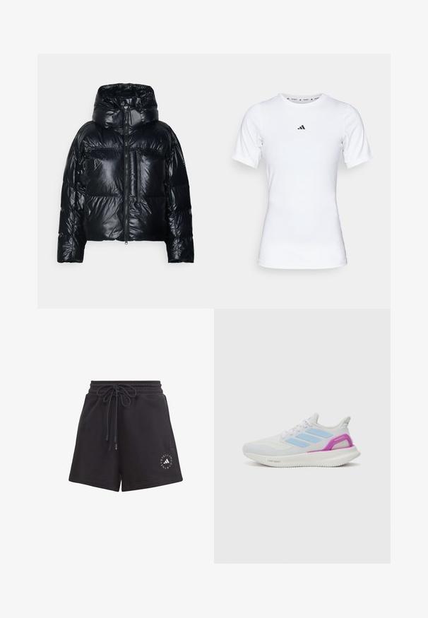 adidas by Stella McCartney TRUENATURE SHORT PADDED WINTER - Giacca invernale - black; Maglietta sportiva bianca a maniche corte, realizzata in tessuto liscio e elasticizzato. Presenta un piccolo logo Adidas nero sul petto.; Shorts neri in cotone misto con vita regolabile tramite coulisse, dotati di stampa del logo sul lato e di una texture morbida e liscia.; adidas Performance PUREBOOST 5 - Scarpe da corsa su strada - white/glow blue/purple burst