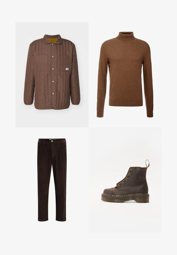 Geacă maro matlasată cu guler, două buzunare pe piept, nasturi cu capse și o căptușeală galbenă în contrast. Prezintă cusături orizontale.; Pulover cu guler înalt, de culoare maro, realizat dintr-un material moale, cu mâneci lungi, mansete cu un model texturat și un design ajustat, fără motive vizibile.; Redefined Rebel JOHN COMFORT FIT - Pantaloni - demitasse; Bocanci din piele maro, cu vârful rotund, cusături galbene contrastante, ochiuri din metal decorative și o talpă din cauciuc cu caneluri.