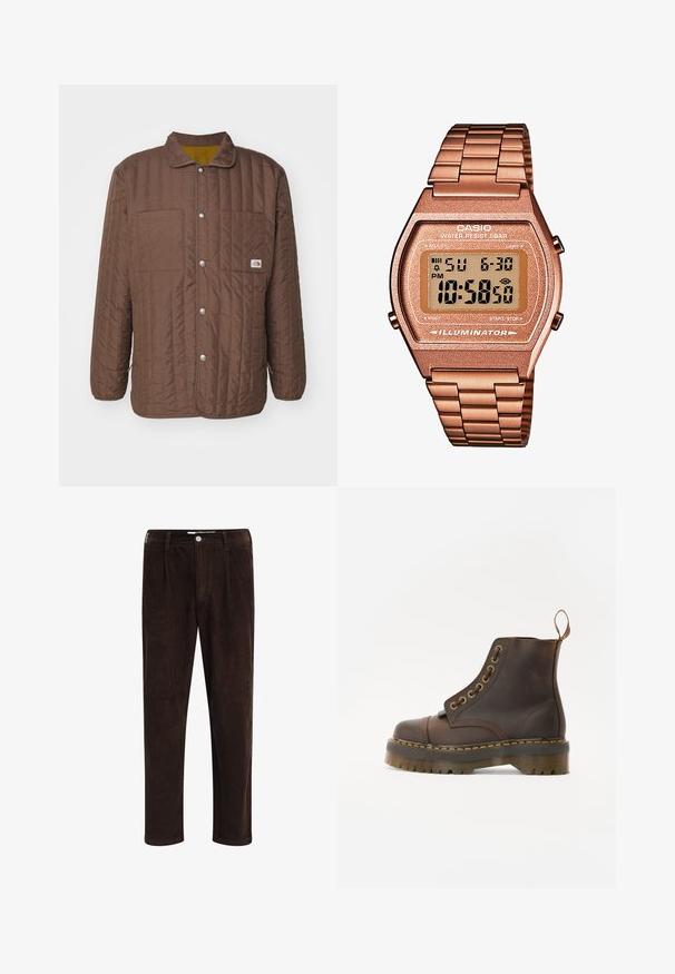 Brązowa pikowana kurtka z kołnierzem, dwiema kieszeniami na piersi, zatrzaskami i kontrastową żółtą podszewką. Posiada poziome przeszycia.; Brązowy sweter z wysokim kołnierzem, wykonany z miękkiego materiału, z długimi rękawami, ściągaczami na mankietach oraz dopasowanym krojem bez widocznych wzorów.; Redefined Rebel - Spodnie materiałowe; Brązowy skórzany botek do kostki z okrągłym noskiem, kontrastującym żółtym przeszyciem, dekoracyjnymi metalowymi oczkami i żłobioną gumową podeszwą.; Cyfrowy zegarek Casio z różowo-złotą metalową bransoletą, prostokątną kopertą, podświetlanym wyświetlaczem i wodoodpornością, pokazujący czas i datę.