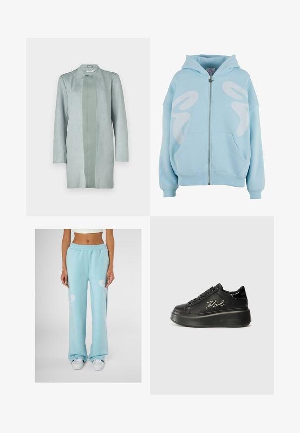 Jasnozielona, długorękawowa kurtka z miękkiego materiału przypominającego zamsz, o prostej sylwetce i centralnej części w nieco ciemniejszym odcieniu.; Jasnoniebieska bluza z zamkiem wykonaną z miękkiego materiału, z dużym białym wzorem graficznym z przodu, kieszeniami kangurzymi i ściągaczami na mankietach.; Biała koszulka z krótkim rękawem z czarnym napisem "I" i "MYSELF" oraz różowym motylem wykonanym z kryształków. Dopasowany krój.; Jasnoniebieskie spodnie dresowe o luźnym kroju, z białym abstrakcyjnym wzorem na każdej udzie oraz elastycznym paskiem w talii.; Czarne platformowe sneakersy z gładkiej skórzanej cholewki, płaskimi sznurowadłami i wyszywanym logo "Karl" z boku. Okrągły czubek i gruba podeszwa.