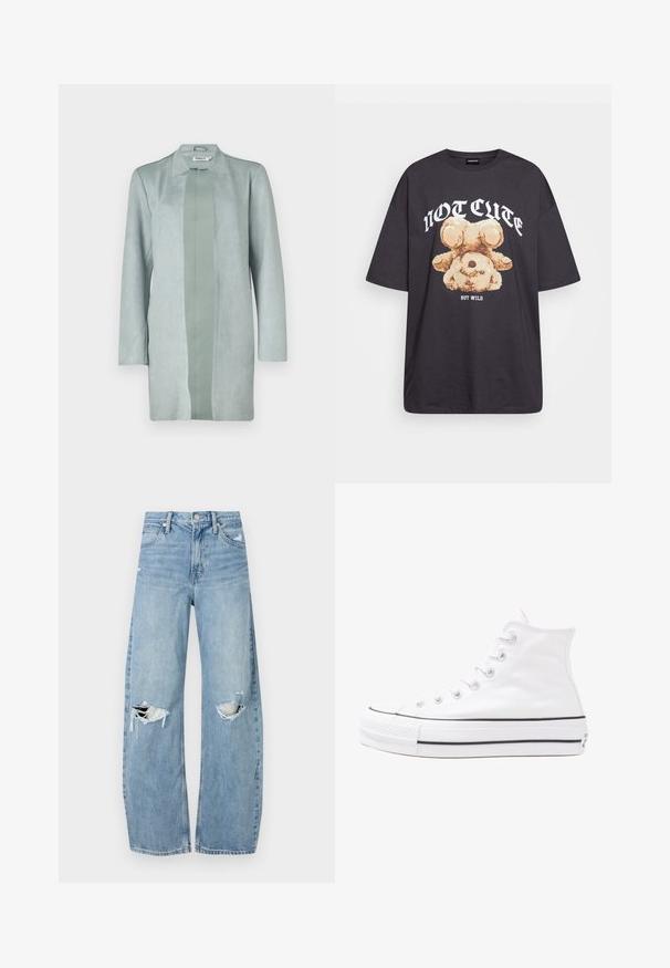 Lichtgroene, lange mouwen jas van zacht suede-achtig materiaal, met een rechte silhouet en een centraal paneel van een iets donkerdere tint.; Zwart oversized t-shirt met een afbeelding van een beer en de tekst "NIET SCHATTIG, MAAR WILD" in grote, witte letters. Gemaakt van katoen.; Lichtblauwe, hooggeritste jeans van denim. Beschikken over wijde pijpen, twee gescheurde knievalken en klassieke vijfzakken styling.; Witte high-top canvas sneakers met een zwarte rubberen zool, een rubberen neuskap aan de voorkant en zes gaatjes voor veters, met een schone, minimalistische uitstraling.