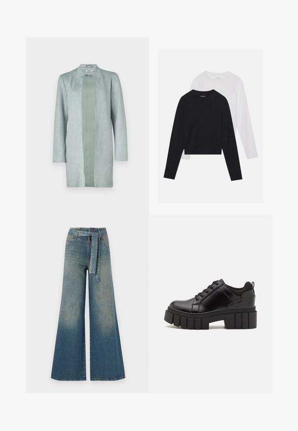 Lichtgroene, lange mouwen jas van zacht suede-achtig materiaal, met een rechte silhouet en een centraal paneel van een iets donkerdere tint.; Twee langemouwen shirts: een zwarte en een witte. Beide hebben een ronde hals, raglanmouwen en zijn gemaakt van een zachte katoenmix.; Wijduitlopende denim broek met een lichte naar donkere blauwe gradient, hoge taille, riemlussen en een bijpassende stoffen riem. Gestructureerde denimafwerking.; Zwarte leren platform schoenen met een stevige blokhak, ronde neus en een traditionele vetersluiting. Kenmerkt zich door een gladde textuur en minimale details.