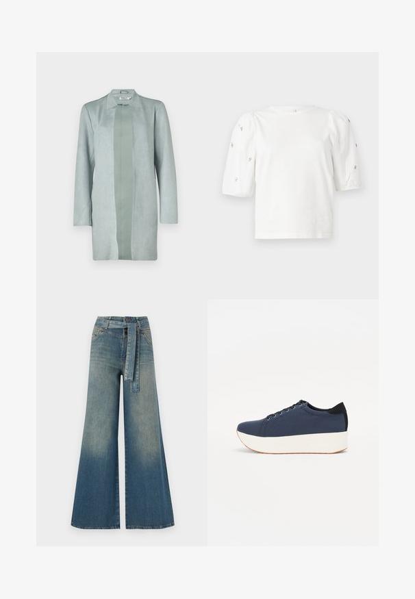 Vaaleanvihreä, pitkähihaisessa takissa on pehmeä mokkanahkainen materiaali, jossa on suora leikkaus ja hieman tummempi keskipaneeli.; Valkoinen puuvillainen t-paita lyhyillä puffihihnoilla, joissa on pieniä hopeisia koristeita hihojen varrella. Klassinen pyöreä kaula-aukko, rento malli.; Yksiväriset farkut leveällä lahkeella, joissa on vaaleasta tummansiniseen häipyvä väri, korkea vyötärö, vyölenkit ja yhteensopiva kangasvyö. Rakennefarkkujen pinta.; Sotilaspunainen tennari, jossa on teksturoitu kangasyläosa, valkoinen alustan pohja, pyöreä kärki ja musta kantapääkorostus. Varustettu kuudella nyörille tarkoitetulla reikällä.