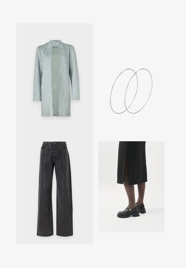 Soehe roheline, pikkade varrukatega jakk, mis on valmistatud pehmest nahakarnitust meenutavast materjalist. Jakk on sirge siluetiga ja keskosas on veidi tumedama tooni paneel.; Musternahkade pikkade varrukatega must bodi, millel on läbipaistev V-kujuline kaelus ja korraldatud õlavarre detail. Sile kangas, millel on vormiv kujundus.; Noisy May NMJANNEL LOOSE - Avar lõikega teksad - black denim; Mustad mustad jalatsid ümmarguse varbaga, paksu plokkniidi ja elastsete külgdetailidega, kombineeritud tumedate sukkade ja musta lõhikuga seelikuga.; Hõbedased rõngastikkaehingad minimalistlikus disainis. Ümar kuju, sile tekstuur ja õhuke profiil. Kerged ning poleeritud viimistlusega.