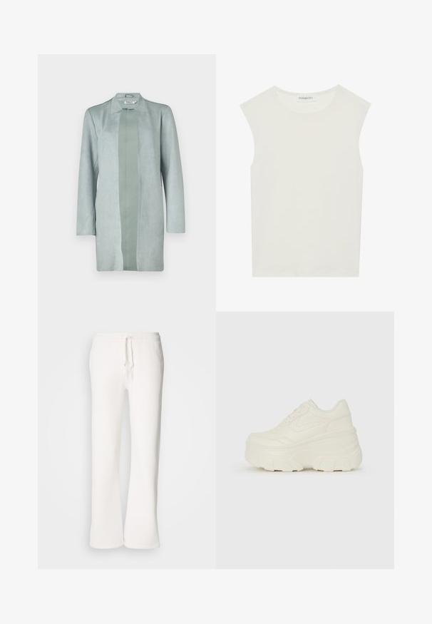 Svetle zelená, dlouhá bunda s dlouhým rukávem vyrobená z měkkého materiálu podobného semiši, s rovnou siluetou a středovým panelem o mírně tmavším odstínu.; Bílý bezrukávový top s kulatým výstřihem. Vyroben z hladkého materiálu, má volný střih a minimalistický design. Bez vzorů nebo akcentů.; Bílé, volné tepláky vyrobené z měkké tkaniny, s elastickým pasem a šňůrkou a rovnými nohavicemi.; Bílé platformové tenisky s hladkým svrškem podobným kůži, zaobleným tvarem, polstrovaným límcem a texturovanou gumovou podrážkou s vyznačenými vzory.