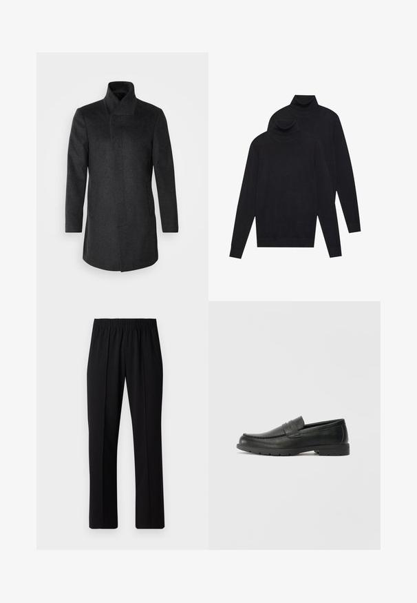 Isaac Dewhirst HIDDEN BUTTON PLACKET - Puspaltis - dark grey; Du mėlynos ilgomis rankovėmis golfo megztiniai, paprasta mezgimo, supilti vienas ant kito, vienas šiek tiek už nugaros, ant baltos fono.; Juodos, elastingos juosmens kelnės su tiesiomis kojomis, turinčios lygų paviršių ir be matomų raštų ar detalių.; Juodai odiniai loaferiai su sklandžiu paviršiumi, mokasino stiliaus viršus, siuvinėjimu ir guminėmis padangomis. Klasikinis dizainas su žemu kulnu.