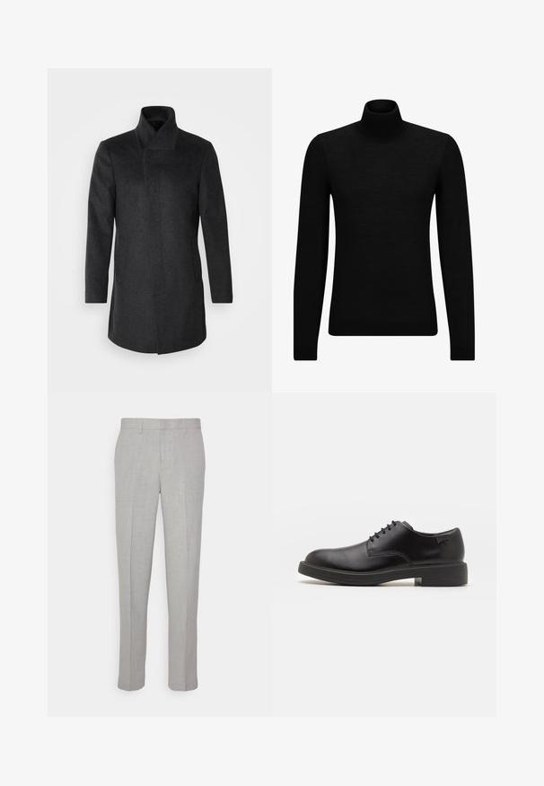 Isaac Dewhirst HIDDEN BUTTON PLACKET - Kurzmantel - dark grey; Schwarzer Rollkragenpullover aus weichem Material mit langen Ärmeln und enger Passform. Rippbesatz am Saum und an den Bündchen. Einfaches Design.; Hellgraue Hose mit glatter Textur, flachem Front und geraden Beinen. Aus atmungsaktivem Material gefertigt, mit Innentaschen und Gürtelschlaufen.; Schwarzer Leder-Schnürschuh mit abgerundetem Zeh, glatter Textur, minimaler Naht und niedrigem Gummiabsatz. Logo auf der Ferse.