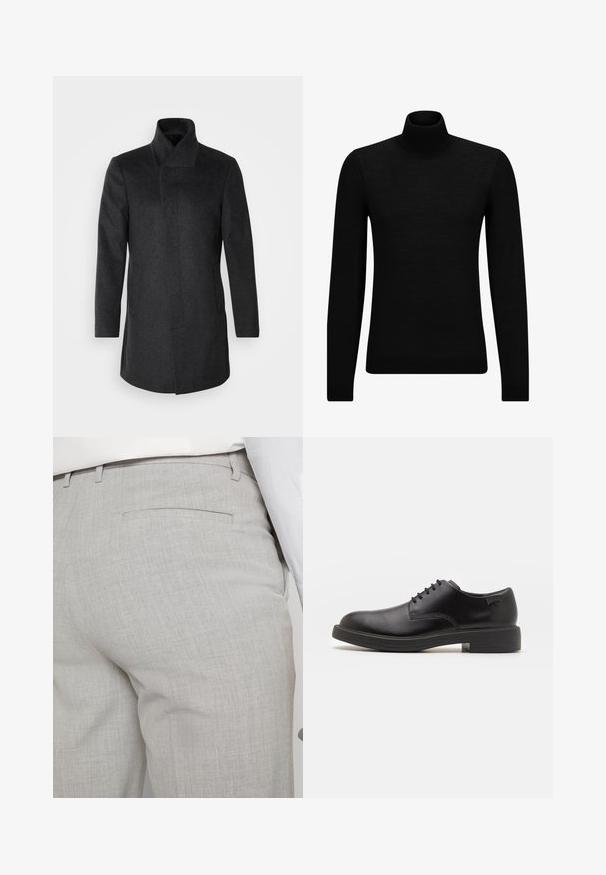 Isaac Dewhirst HIDDEN BUTTON PLACKET - Manteau court - dark grey; Pull à col roulé noir en matériau doux, avec des manches longues et une coupe ajustée. Finition côtelée au bas et aux poignets. Design simple.; Pantalon gris clair sur mesure en tissu texturé, avec une seule poche arrière et des coutures nettes.; Chaussure noire en cuir à lacets avec un embout arrondi, texture lisse, piqures minimales et un petit talon en caoutchouc. Logo sur le talon.