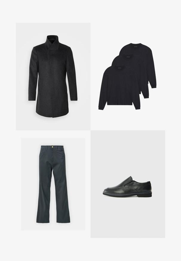 Isaac Dewhirst HIDDEN BUTTON PLACKET - Korte frakker - dark grey; Tre sorte langærmede skjorter, lavet af blødt stof, med rund halsudskæring og tætsiddende manchetter. Minimalistisk design uden synlige mønstre.; Sorte bukser med lige ben, lavet af en bomuldsblandingsstof. Har en metalknaplukning og sidelommer. Ingen synlige mønstre.; Sorte læder slip-on sko med en glat overdel, syede detaljer, rund tå og en lav gummihæl. Sålen har minimal profil.