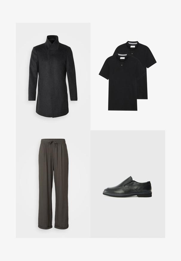 Isaac Dewhirst HIDDEN BUTTON PLACKET - Korte frakker - dark grey; To sorte polo T-shirts, kortærmede, lavet af bomuldsstof, med en klassisk krave, to-knaps placket og hvide stribede detaljer indeni kraven.; Mørkegrå vide bukser med snøre i livet, lavet af et blødt, struktureret stof, med oprullede manchetter ved anklerne.; Sorte læder slip-on sko med en glat overdel, syede detaljer, rund tå og en lav gummihæl. Sålen har minimal profil.