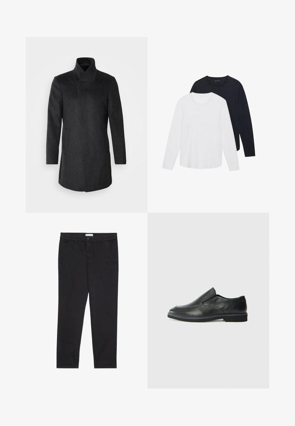 Isaac Dewhirst HIDDEN BUTTON PLACKET - Cappotto corto - dark grey; Due magliette a maniche lunghe: una bianca e una grigio scuro. Entrambe hanno scollature rotonde e una texture liscia e morbida.; Pantaloni neri in cotone con vestibilità slim, dotati di due tasche laterali e chiusura anteriore con bottone. Tessuto testurizzato con dettagli sottili.; Scarpa nera in pelle con inserto scivolare, superiore liscio, dettagli cuciti, punta arrotondata e tacco in gomma basso. La suola presenta un battistrada minimale.
