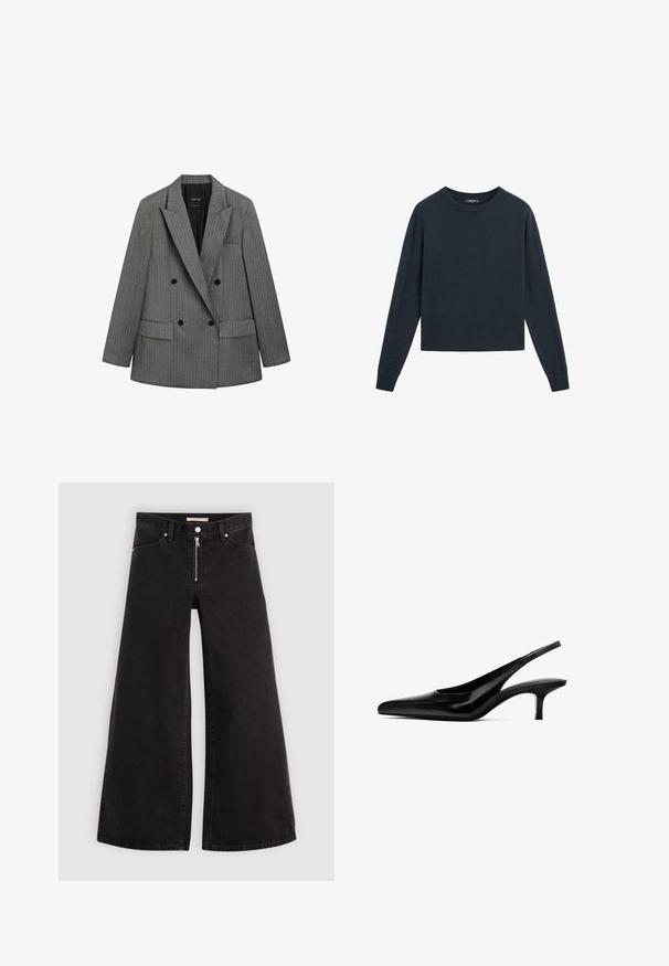 Double-breasted grey pinstripe blazer with wide lapels, black buttons, and flap pockets, displayed flat on a white background.; Dark navy sweater made of soft knit fabric, featuring a crew neck, long sleeves, and a cropped design with ribbed cuffs and hem.; Wide-leg jeans in black denim with a zippered front, five-pocket design, and subtle stitching details. Smooth texture and casual style.; Black pointed-toe slingback shoe with a glossy leather finish and a thin, low heel. Features a cutout on the side for breathability.