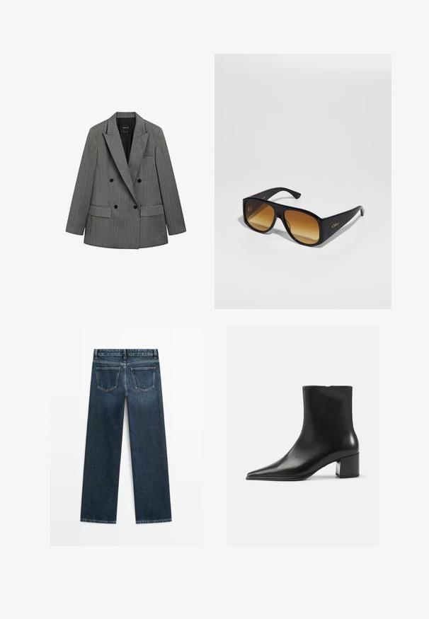 Grau gestreifter, doppelt knöpfbarer Blazer mit breiten Revers, schwarzen Knöpfen und Klappentaschen, flach auf einem weißen Hintergrund dargestellt.; Weißes Hemd mit vertikalen hellgrauen Streifen, Kentkragen, langen Ärmeln und lockerer Passform. Aus leichtem Stoff gefertigt.; Dunkelblaue Jeans im geraden Schnitt, mit zwei Gesäßtaschen und sichtbaren Nähten entlang der Nähte und Säume.; Schwarze Lederschnürstiefelette mit spitzer Zehenform, glatter Textur und mittelhohem Blockabsatz. Minimalistisches Design, Reißverschluss hinten.; Schwarze rechteckige Sonnenbrille mit braunen Verlaufslinsen. Hergestellt aus Plastik, mit einer glatten Oberfläche und einem dezenten goldenen Logo am Bügel.
