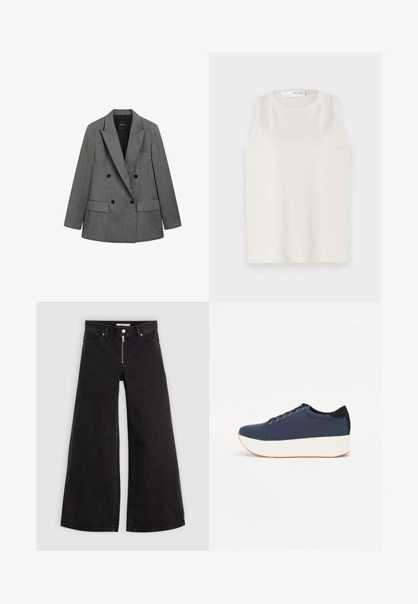 Double-breasted grey pinstripe blazer with wide lapels, black buttons, and flap pockets, displayed flat on a white background.; White sleeveless top made of soft, smooth fabric. Features a round neckline and simple design with no embellishments or patterns.; Wide-leg jeans in black denim with a zippered front, five-pocket design, and subtle stitching details. Smooth texture and casual style.; Navy blue sneaker with a textured fabric upper, white platform sole, rounded toe, and black heel accent. Features six eyelets for laces.