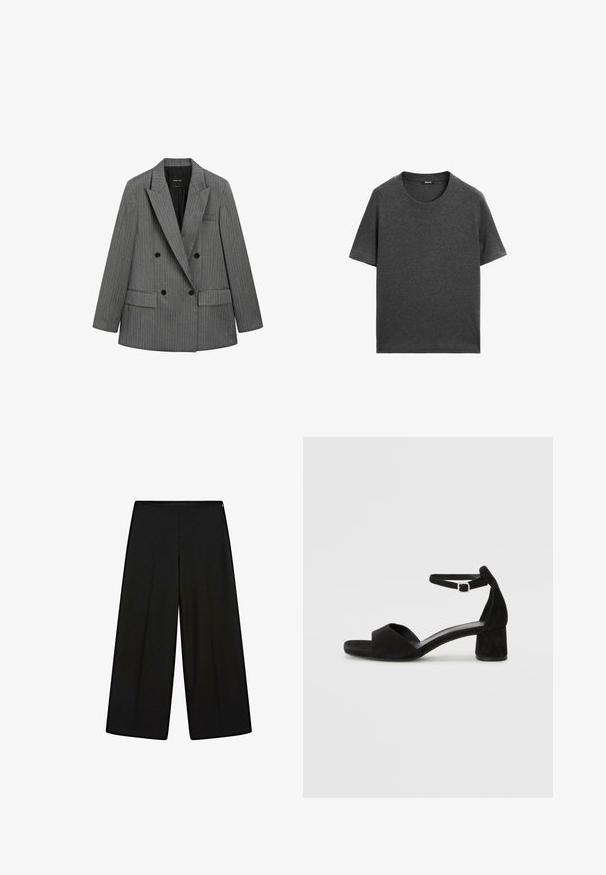Blazer grigio a righe con doppiopetto, revers ampi, bottoni neri e tasche a pattina, esposto piano su uno sfondo bianco.; T-shirt corto grigio scuro realizzato in morbido cotone. Presenta un classico col girocollo e un orlo dritto senza motivi o dettagli.; Pantaloni neri a gamba larga realizzati in tessuto morbido, con vita alta e pieghe, caratterizzati da una texture liscia e senza decorazioni visibili.; Sandali con tacco in suede nero, con una sottile fascia alla caviglia, design open toe e un discreto tacco a blocco. Texture liscia e decorazioni minime.