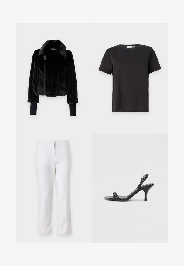 Patrizia Pepe COAT - Winter jacket - nero; Black cotton t-shirt with short sleeves, a crew neckline, and a simple, clean design. No visible patterns or embellishments.; White cotton pants with a straight leg design, featuring a mid-rise waist and no visible hardware or patterns. Smooth texture throughout.; Black leather high-heeled sandals with a slim, curved heel and a crossed strap design. Adjustable ankle strap. Smooth texture.
