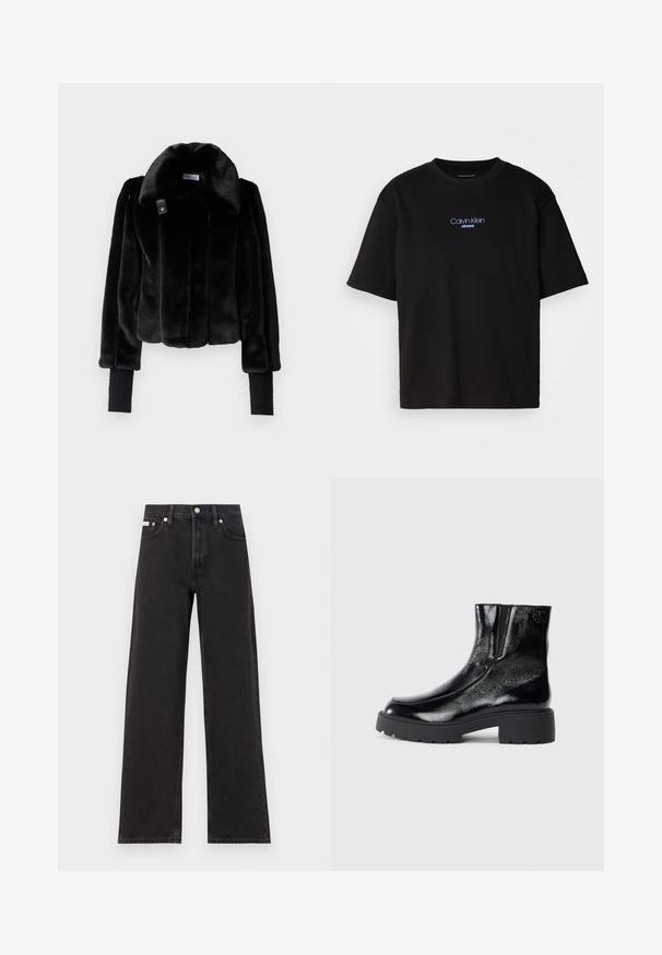 Patrizia Pepe COAT - Téli dzseki - nero; Fekete pamut póló kerek nyakkal, rövid ujjú, elöl kék hímzett "Calvin Klein JEANS" logóval.; Fekete, bőszárú farmernadrág, magas derekú, öt zsebes kialakítással és fém gombos záródással, kontrasztos varrással.; Fekete bokacsizmák fényes lakkbőr felülettel, vastag fekete gumitalppal és megemelt sarokkal; oldalon diszkrét logó részlettel.