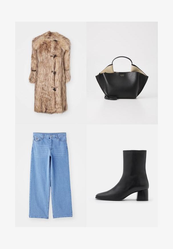 Hosszú műszőrme kabát bézs színben, prémes gallérral, hosszú ujjal és kapoccsal. Puha tapintású, bolyhos megjelenéssel.; Fekete, hosszú ujjú felső, puha szövetből készült, kerek nyakkivágással és laza szabással, az alján oldalhasítékokkal a mozgás könnyítése érdekében.; Világoskék, bő szárú farmernadrág, klasszikus öt zsebes kialakítással és gombos felső záródással. Sima textúra, szétszedett szegély.; Fekete bőr bokacsizma hegyes orral és vastag, négyzet alakú sarokkal. Simább felület, mondanivaló nélküli dizájn és minimalista varrás.; Ree Projects ANN TOTE MINI - Kézitáska - black