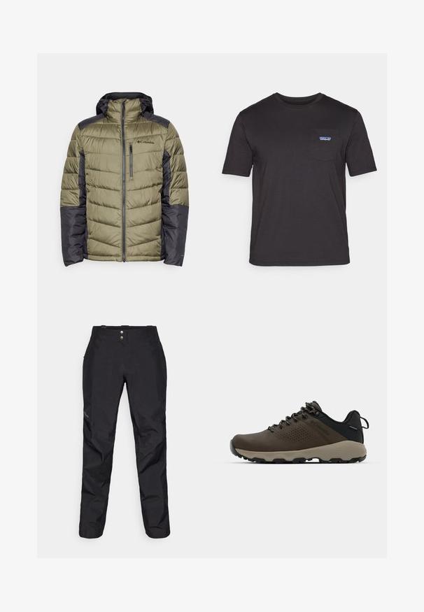Columbia LABYRINTH LOOP™ II HOODED JACKET - Talvejope - stone green/shark; Must nagu lühikeste varrukatega T-särk, mis on valmistatud puuvillast, ja millel on rinnatasku, kus on sinine Patagonia logo vasakul küljel.; Mustad veekindlad püksid siledast tekstuurist, kahe esipõhja nupuga ja kitseneva jala disainiga. Ääristatud küljele paigutatud logoga.; Kohandatud veekindlad pruunid spordijalatsid tekstuuriga pealisega, perforatsioonidega detailid, must kandetoetav osa ja hall kummine sisetald. Paelad on metallist otstega.