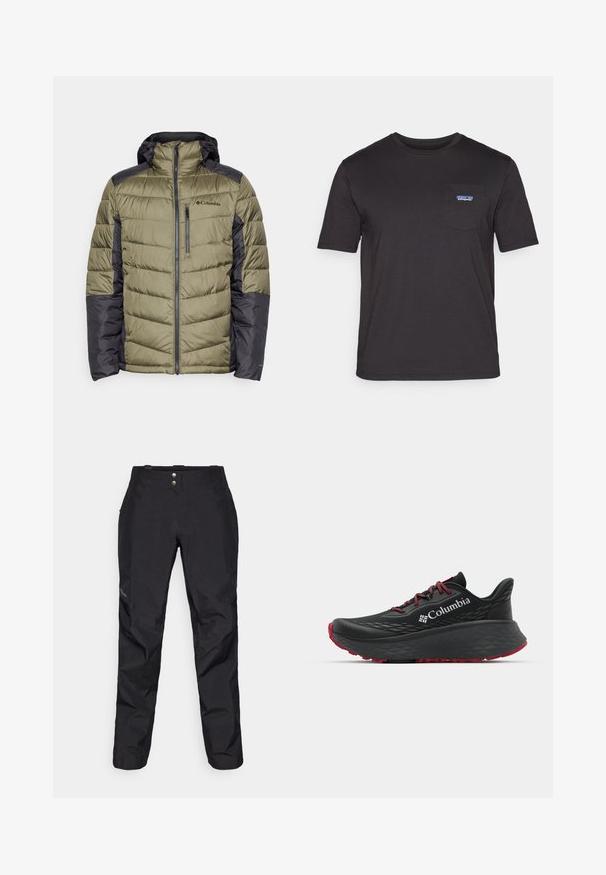 Columbia LABYRINTH LOOP™ II HOODED JACKET - Ziemas jaka - stone green/shark; Melna īsām piedurknēm T-krekls, izgatavots no kokvilnas, ar krūšu kabatu un zilu Patagonia logotipu kreisajā pusē.; Melni ūdensizturīgi bikses ar gludu tekstūru, kas aprīkotas ar diviem priekšējiem pogām un sašaurināta kāju dizainu. Uzsvars ar logotipu sānos.; Melnas sporta kurpes ar teksturētu augšdaļu, sarkanām auklām un logotipu. Bieza zole ar rakstainu protektoru, lai nodrošinātu saķeri. Minimālisma dizains, sānu skats.