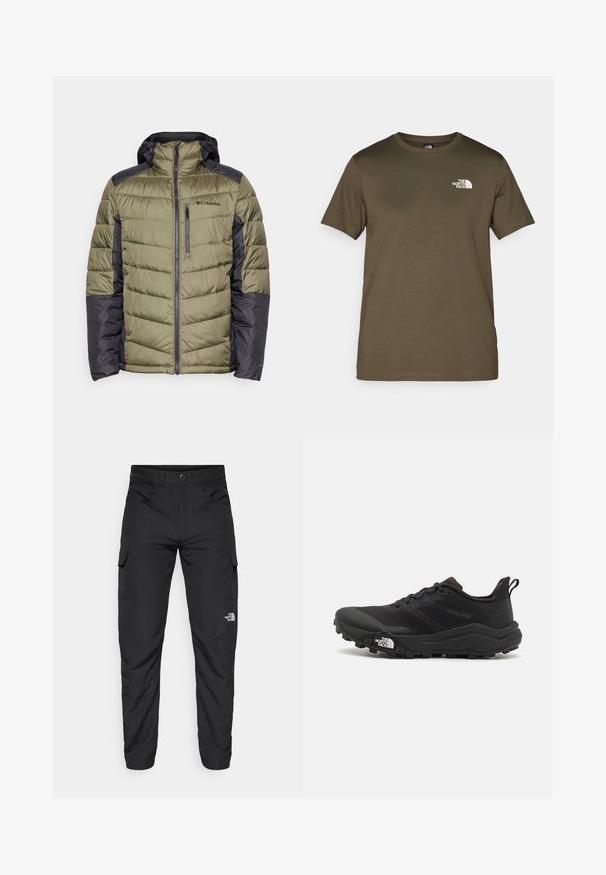 Columbia LABYRINTH LOOP™ II HOODED JACKET - Winter jacket - stone green/shark; Olive green cotton t-shirt with short sleeves, crew neck, and a white logo on the left chest. Smooth fabric texture, regular fit.; The North Face HORIZON PANT - Outdoor trousers - black; Black trail running shoe with a textured upper, rubber sole, and reinforced toe cap. Features a padded collar and pull tab for easy wear.
