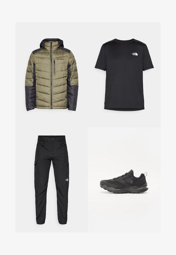 Columbia LABYRINTH LOOP™ II HOODED JACKET - Veste d'hiver - stone green/shark; T-shirt noir à manches courtes en tissu léger. Présente un petit logo blanc sur la poitrine gauche et des accents subtils aux épaules.; The North Face HORIZON PANT - Pantalons outdoor - black; Baskets de sport noires avec tige en mesh, semelle en caoutchouc et col rembourré. Dotées de lacets, d'un logo sur le côté et d'un design texturé.