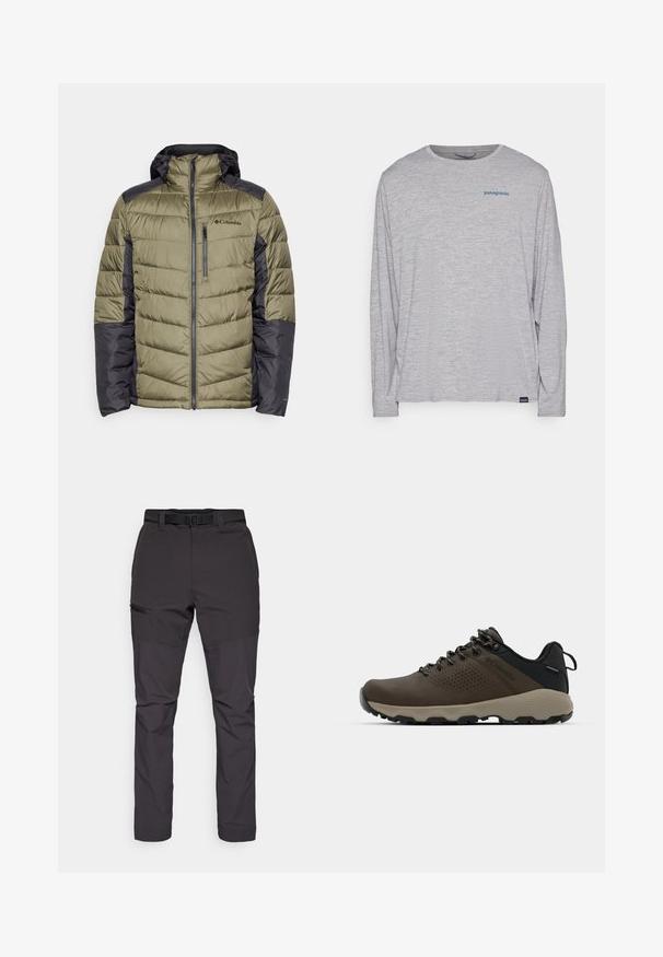 Columbia LABYRINTH LOOP™ II HOODED JACKET - Veste d'hiver - stone green/shark; T-shirt à manches longues gris clair en tissu doux et texturé. Il présente un col rond et un petit logo Patagonia bleu sur la poitrine.; Pantalon de plein air léger, gris foncé, avec un design ajusté, une taille réglable et une poche zippée sur le côté. Texture lisse, coupe polyvalente.; Baskets imperméables marron avec une tige texturée, des accents perforés, un support de talon noir et une semelle en caoutchouc grise. Les lacets sont ornés d'embouts métalliques.