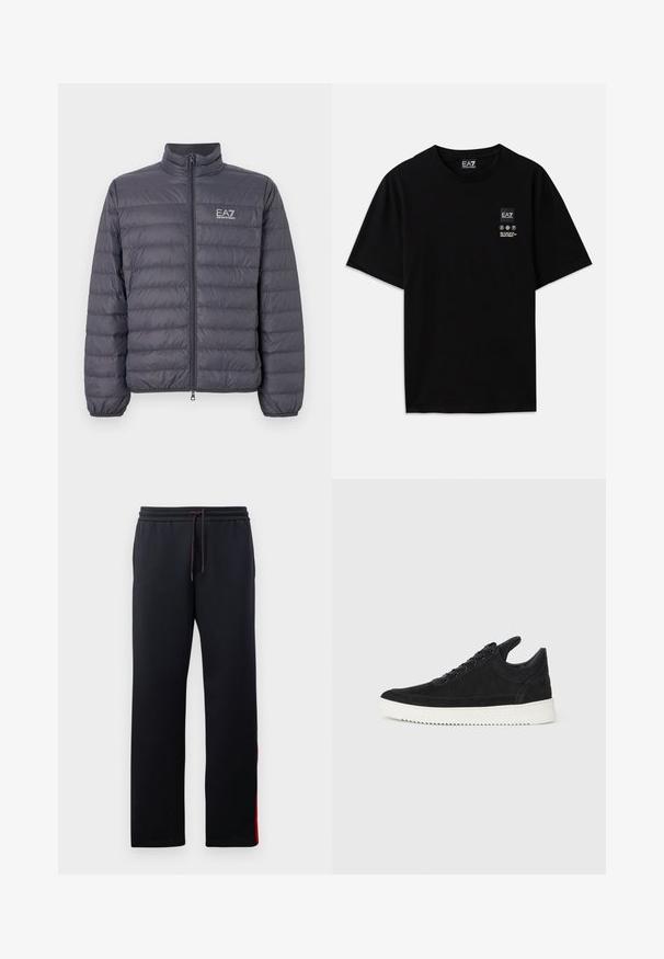 Pelēks pūkains mētelis ar augstu apkakli, izšūtu dizainu, priekšējo rāvējslēdzēju un EA7 logotipu uz krūšu. Gluda tekstūra, viegla materiāla.; Melnas kokvilnas T-krekls ar īsām piedurknēm, apaļo kakla izgriezumu un nelielu logotipa birku priekšpusē ar baltiem apzīmējumiem par kopšanu.; Melni treniņbikšu ar sašaurinātu kāju piegriezumu, virvju vidukli un sarkaniem akcentiem sānos. Mīksts, elastīgs audums ar gludu tekstūru.; Melna zamša apavi ar baltu gumijas zoli, ar tonālu izšuvumu un auklu dizainu. Gluda tekstūra ar mūsdienīgu, plūstošu formu.