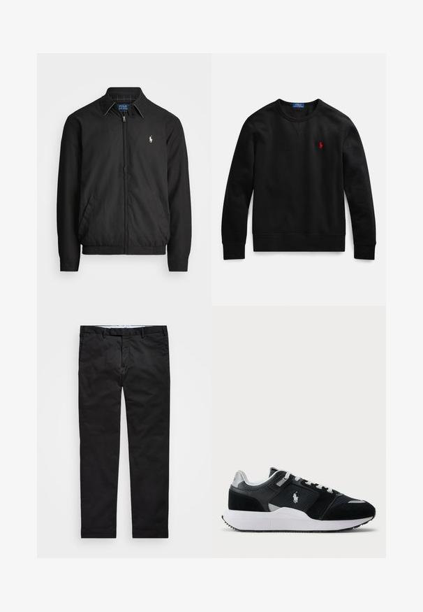Casaco bomber preto feito de material liso, com fecho éclair à frente, punhos elásticos, bolsos laterais e um pequeno logótipo bordado no peito.; Sweatshirt preta de gola redonda feita de algodão, com um pequeno logotipo vermelho no lado esquerdo do peito, e punhos e bainha canelados.; Chinos pretos com um corte reto, feitos de tecido em mistura de algodão, apresentando fecho de zíper, passantes para cinto e bolsos laterais. Textura suave.; Sapatilha baixa em preto e branco com parte superior em malha e camurça, atacadores brancos, sola branca e um logo de jogador de polo na lateral.