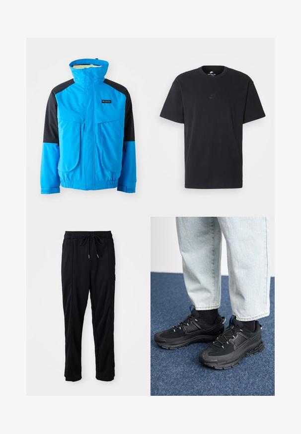 Chaqueta impermeable azul y negra con cuello alto, dos bolsillos frontales, puños elásticos y dobladillo ajustable. Textura suave con detalles de costura.; Camiseta negra de algodón de Nike con un clásico cuello redondo, mangas cortas y un sutil logo en relieve en el pecho. Textura suave.; Pantalones casuales negros con cordón en la cintura, con bolsillos laterales y corte de pierna recta sobre un fondo liso.; Zapatillas deportivas negras con tejido texturizado y suelas de goma, con cordones elásticos y un acento azul en el talón. Combinadas con pantalones de mezclilla claros.