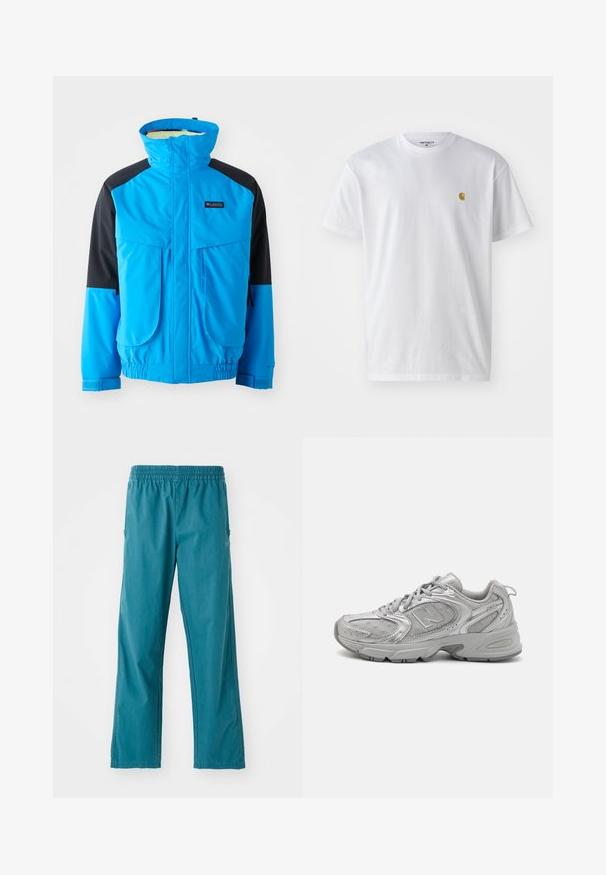 Modra in črna vodoodporna jakna z visokim ovratnikom, dvema sprednjima žepoma, elastičnimi manšetami in nastavljivim robom. Gladka tekstura z detajli šivanja.; Bela bombažna majica s kratkimi rokavi, krožnim ovratnikom, z majhnim zlatim logotipom na levem prsnem predelu. Mehka tekstura in običajen kroj.; Teal hlače iz lahkega blaga, z elastičnim pasom in ravnim krojem, z stranskimi žepi.; Srebrna športna copata z elegantnim dizajnom, mrežnimi paneli, oblazinjenim jezikom, teksturirano sintetično zgornjim delom in gumijastim podplatom za oprijem.