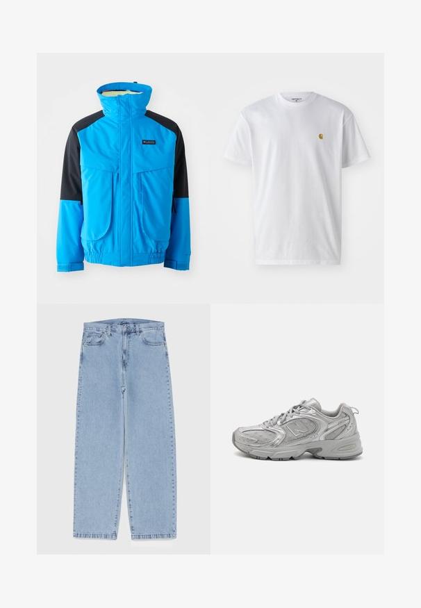 Modra in črna vodoodporna jakna z visokim ovratnikom, dvema sprednjima žepoma, elastičnimi manšetami in nastavljivim robom. Gladka tekstura z detajli šivanja.; Bela bombažna majica s kratkimi rokavi, krožnim ovratnikom, z majhnim zlatim logotipom na levem prsnem predelu. Mehka tekstura in običajen kroj.; Svijetloplave traperice s ravnim nogavicama, srednjeg struka, pet džepova te zatvaranjem na gumb i munju.; Srebrna športna copata z elegantnim dizajnom, mrežnimi paneli, oblazinjenim jezikom, teksturirano sintetično zgornjim delom in gumijastim podplatom za oprijem.