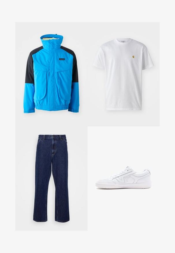 Modrá a čierna nepremokavá bunda s vysokým golierom, dvomi prednými vreckami, elastickými manžetami a nastaviteľným lemom. Hladká textúra s detailným prešívaním.; Biele bavlnené tričko s krátkymi rukávmi, okrúhlym výstrihom, s malým zlatým logom na ľavej strane hrude. Mäkká textúra a normálny strih.; Tmavomodré denimové nohavice s rovnými nohavicami, s gombíkovým zapínaním, piatimi vreckami a jemnými detailmi prešitia.; Biele kožené tenisky s nízkym dizajnom, okrúhlou špičkou, perforovanými detailmi a štruktúrovanou podrážkou. Súčasťou sú šnúrky a diskrétne prešitie.